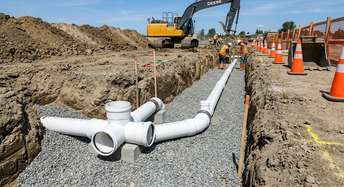 New PVC sewer pipe installation in open trench for Sewer Backup in Mountain View