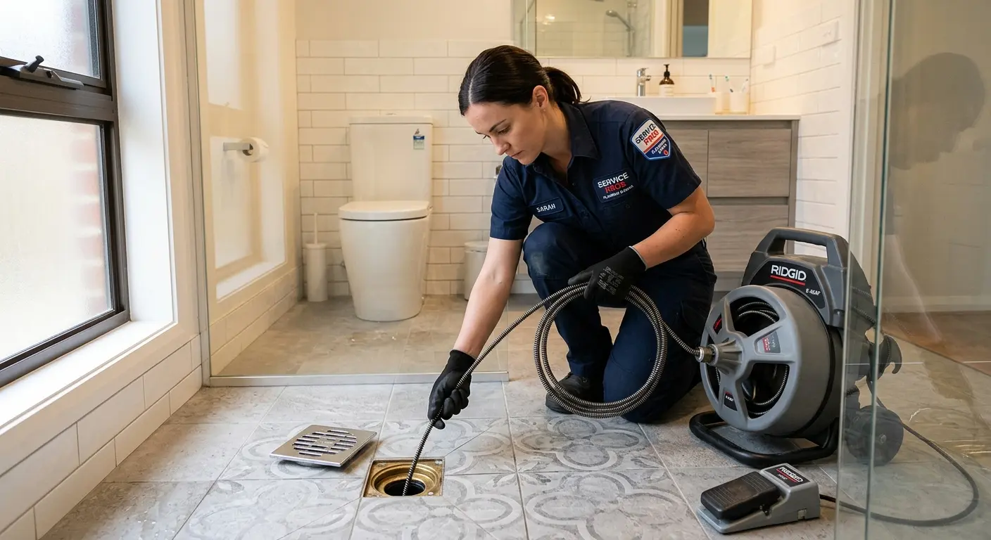 Technician clearing a bathroom floor drain for Drain Cleaning in Mountain View